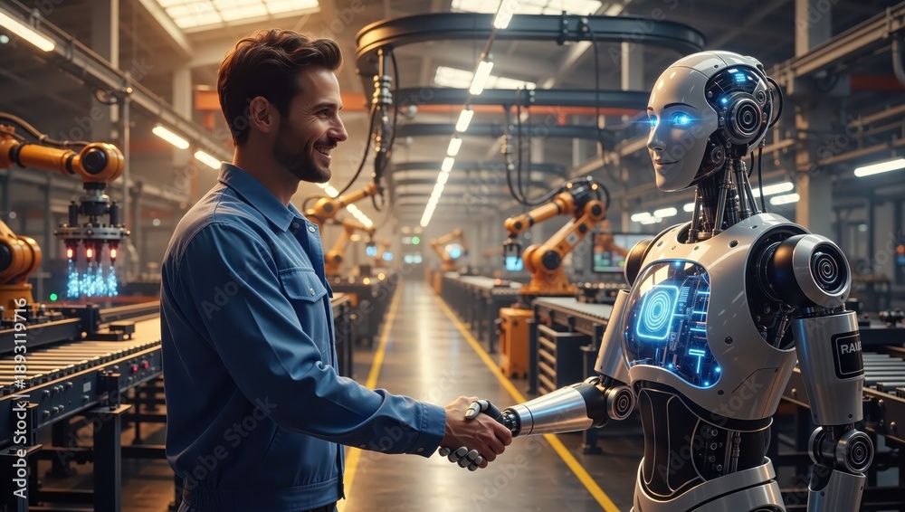Naklejka premium A smiling engineer shakes hands with a humanoid robot in a modern factory. Human and artificial intelligence collaboration. Future of automation and Industry 4.0 concept