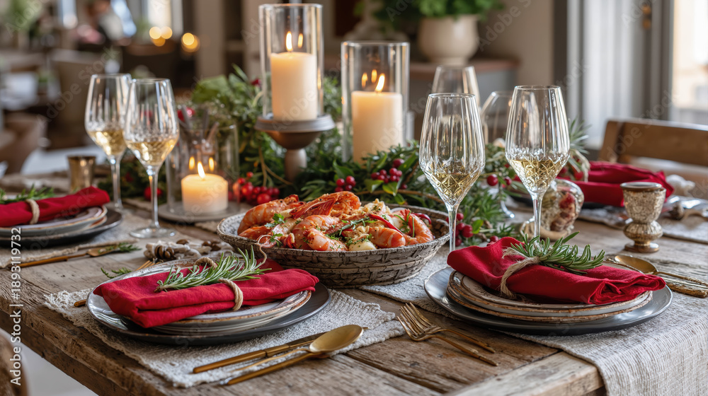 Fototapeta premium Holiday dining table with lobster and lit candles, festive decorations and wine glasses for christmas celebration