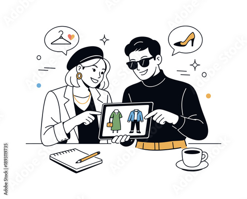 Fashion Ideation Collaboration. Chic outfits. Two people exchanging fashion ideas, pointing at outfits on a tablet, calm collaboration and shared inspiration.