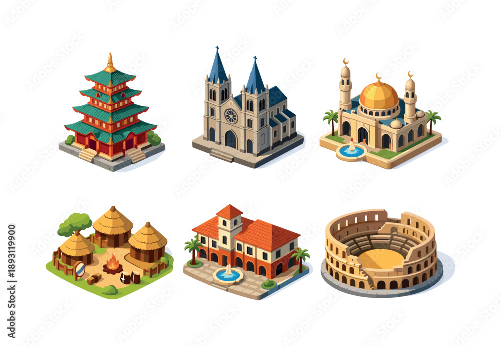 Fototapeta premium Global Heritage Grid. World culture travel. Isometric flat vector icons set of World culture travel: Asian pagoda, European cathedral, Middle Eastern mosque,