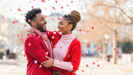Happy Black couple hugging and laughing under falling heart confetti. Romantic Valentine's Day celebration outdoors