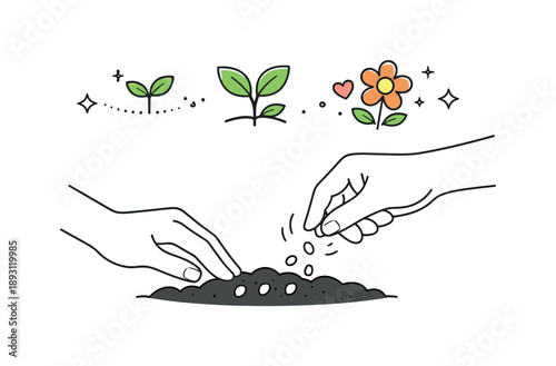 Seed Planting Symbols. Growing from seeds. Hands planting seeds with small icons hinting at future leaves and flowers. Gentle hopeful feeling, symbol of growth