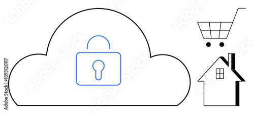 Data security, cloud storage, e-commerce, smart home systems, online shopping, digital safety. Simplistic cloud design with a padlock, shopping cart and house icons. Data security and cloud storage