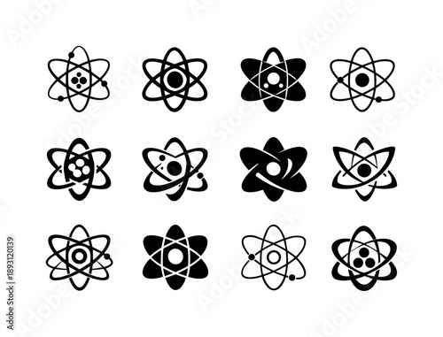 Nuclear Icon Set. Nuclear. Icon set. Set Logo of Nuclear: atom core and electrons. harmonious logo variations of the same emblematic concept, each with