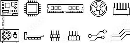 Collection of computer hardware icons including motherboard, CPU, RAM, fan, and power supply