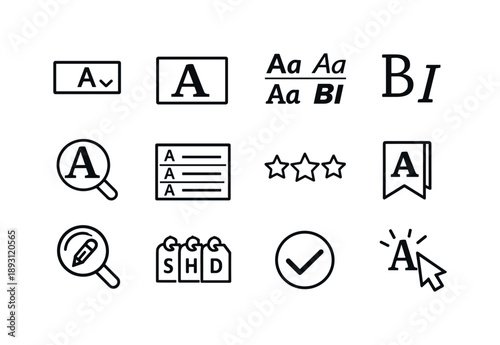 Font Selection Icons. Font Selection. Line icon set of Font Selection: font dropdown menu, letter sample card, style comparison, bold italic toggles, preview