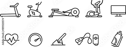 Collection of modern fitness equipment icons and health symbols on a white background