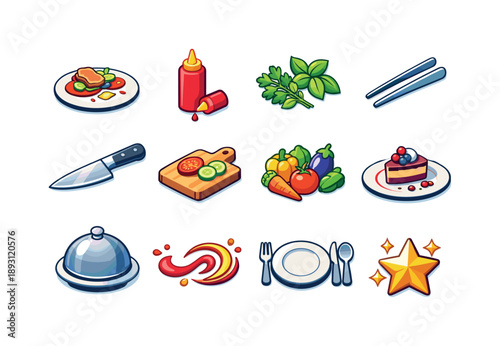 Creative Food Icons. Creative food presentation. Colorful isometric vector icons set of creative food presentation: gourmet plated dish, squeeze sauce bottle,