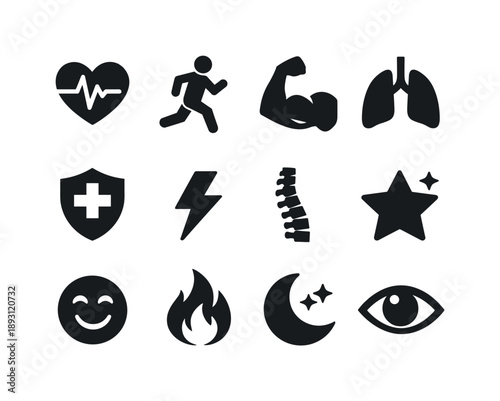 Exercise Health Icon Set. Health Benefits of Exercise. Solid icon set of Health Benefits of Exercise: healthy heart, active body, muscle arm, lung capacity,