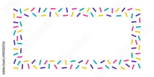 Sprinkle rectangle border. Frame with colorful decorative sprinkles for donut glaze. Vector illustration isolated on transparent background