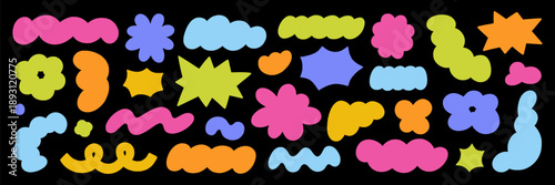 Organic blob shapes doodle set. Retro comic cloud and flower forms, groovy stickers and abstract figures in sketch style. Hand drawn vector illustration isolated on black background