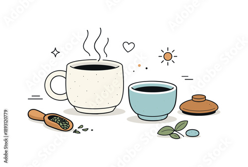 Mindful Tea Still Life. Mindful moments. Stoneware tea cups shown in a simple still life, emphasizing calm, warmth, and appreciation of everyday objects.