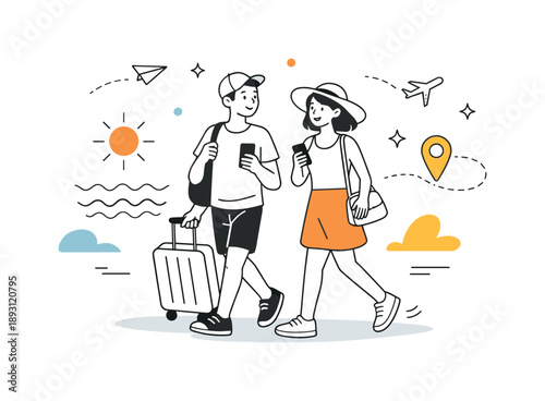 Relaxed Leisure Stroll. Post-pandemic leisure travel. A relaxed couple enjoying a city walk or seaside vacation, carrying light bags and phones. Optimistic