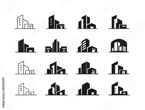 Mixed-Use Logo Variations. Mixed-use complex. Icon set. Set Logo of mixed-use complex: building with residential and commercial sections. harmonious logo