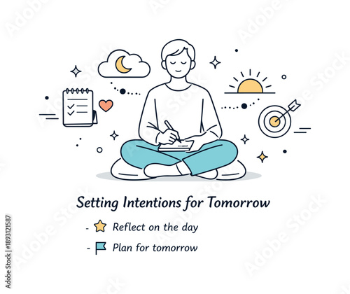 Evening Intentions Reflection. Setting intentions for the next day ? evening reflection. Person sitting comfortably, reflecting on goals and thoughts before