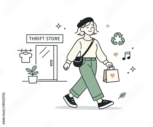 Thrift Store Shopper. Thrift store people. A shopper leaving the thrift store with a small bag, expressing satisfaction, sustainability, and personal style.