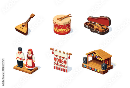 Cultural Heritage Icons. Cultural heritage. Isometric flat vector icons set of Cultural heritage: traditional musical instrument, ceremonial drum, string