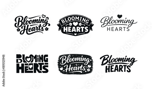Heartfelt Lettering Styles. Blooming hearts. Set lettering. harmonious lettering variations of the same emblematic concept, each with different artistic
