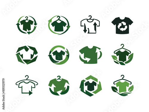 Sustainable Fashion Icons. Sustainability in fashion. Icon set. Set Logo of Sustainability in fashion: upcycled garment icon. harmonious logo variations of the