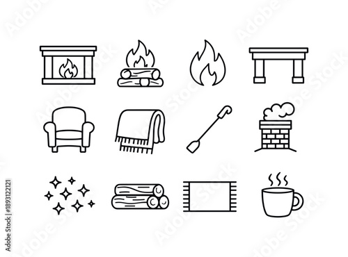 Cozy Fireplace Icons. Cozy fireplace. Line icon set of Cozy fireplace: lit fireplace, burning logs, flame symbol, hearth mantel, armchair, cozy blanket, fire