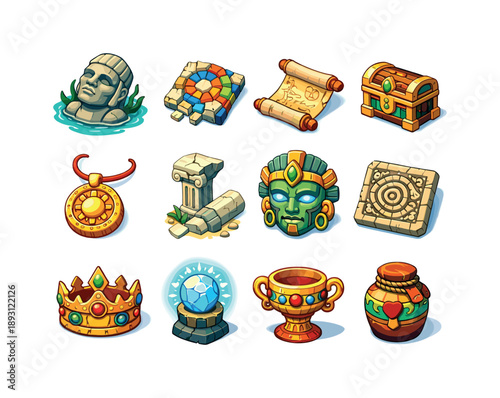 Lost Civilization Icons. Lost civilization. Colorful isometric vector icons set of lost civilization: sunken statue, mosaic fragment, ancient scroll, relic