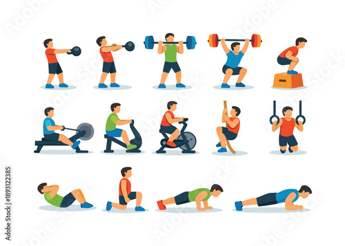 Cross-Training Icons. Cross-Training Exercises. Colorful flat vector icons set of Cross-Training Exercises: kettlebell swing icon, clean & jerk icon, snatch