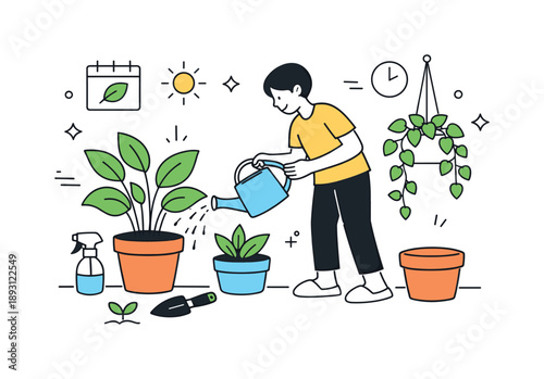 Cozy Plant Care. Daily plant routine. A person watering leafy plants with steady motion, simple tools and pots creating a cozy, organized editorial