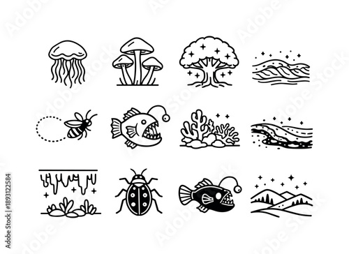 Bioluminescent Outline Icons. Bioluminescent Landscapes and Creatures. Line icon set of Bioluminescent Landscapes and Creatures: glowing jellyfish,