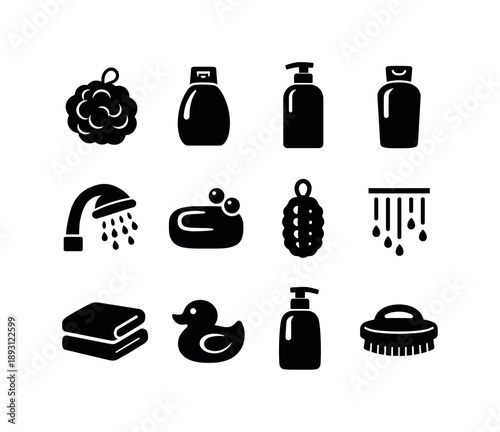 Shower Essentials Icons. Shower Essentials. Solid icon set of Shower Essentials: bath sponge, shower gel, shampoo bottle, conditioner bottle, shower head, soap
