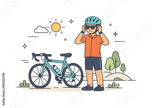 Cyclist Helmet Check. A cyclist adjusting their helmet before a long ride in nature ? safety first. Cyclist checking helmet fit beside a bicycle, emphasizing