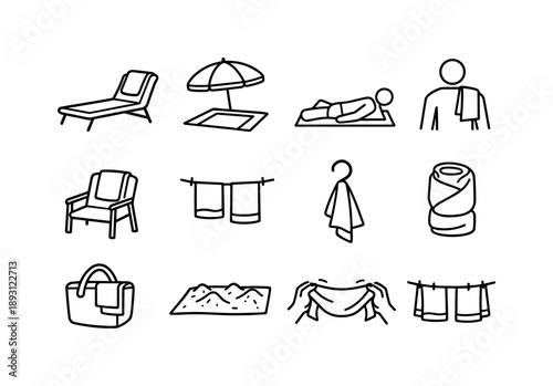 Towel Icon Set. Towels in Use. Line icon set of Towels in Use: towel on sunbed, towel under umbrella, person lying on towel, towel on shoulder, towel over