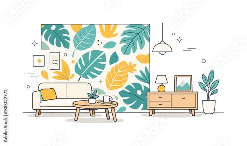 Bold Wallpaper Accent. Using bold wallpaper patterns for feature walls. Interior scene with a single accent wall covered in bold patterned wallpaper, balanced