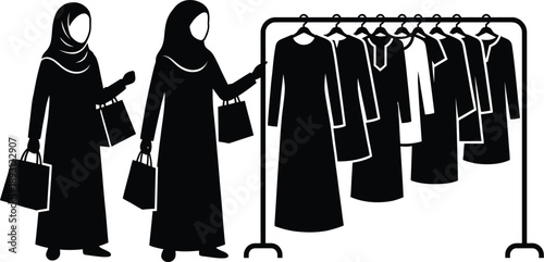 Muslim women shopping for clothes for festive holiday celebration