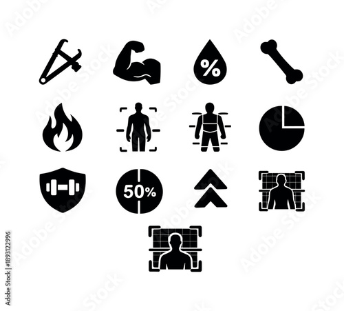 Fitness Measurement Icons. Fitness assessments and body measurements. Solid icon set of body composition measures: body fat caliper, muscle mass icon, water