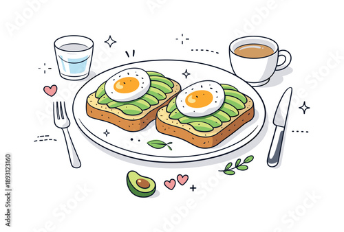 Avocado Egg Toast. Avocado toast with eggs. Plate of toast with sliced avocado and soft eggs arranged neatly, calm and appetizing mood. Clean editorial