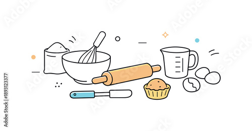 Minimalist Baking Tools. Baking tools simplicity. A minimal illustration showing a small selection of baking utensils with plenty of empty space around. The