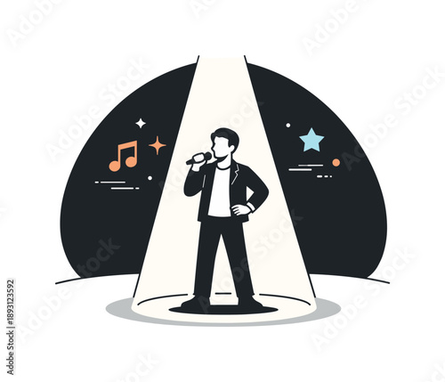 Spotlight Performer. Spotlight shining on stage. A performer standing confidently under a spotlight, the rest of the stage softly fading into darkness. The