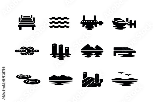 Lakeside Pier Icons. Lakeside Pier. Solid icon set of Lakeside Pier: wooden walkway, lake waves, shoreline dock, moored boat, rope knot, wooden posts, water