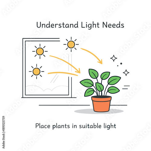 Optimal Plant Lighting Guide. Plant health tips. A plant placed near a window with soft sunlight icons and gentle arrows indicating proper light direction. The