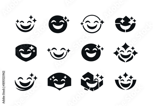 Joyful Emblem Variations. A person experiencing a joyful moment, smiling and laughing with others. Icon set. Set Logo of joyful moment: joyful face with