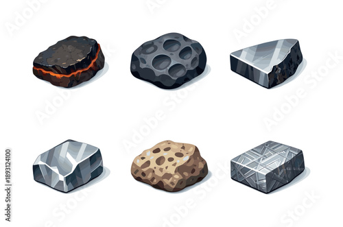 Isometric Surface Textures. Surface Textures. Isometric flat vector icons set of Surface Textures: fusion crust layer, thumbprint regmaglypt surface, polished
