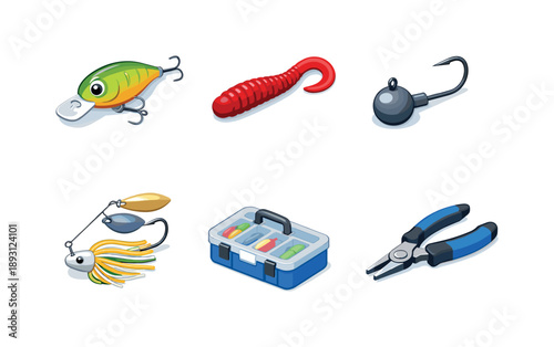 Lure Fishing Icons. Lure Fishing. Isometric flat vector icons set of Lure Fishing: crankbait lure, soft plastic worm bait, jig head hook, spinnerbait lure,