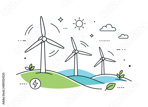 Wind Turbines Elegance. Renewable energy wind power. Modern wind turbines rotating smoothly, sense of motion and sustainable progress. Clean environment with