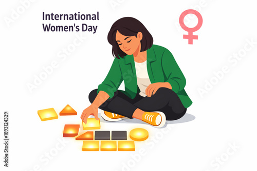 Vector graphic of a woman organizing illuminated geometric pieces while seated on a white background for International Women’s Day