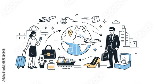 Luxury Trade Exchange. Global trade in luxury products. Premium items move between abstract locations, suggesting international exchange and elite markets. The