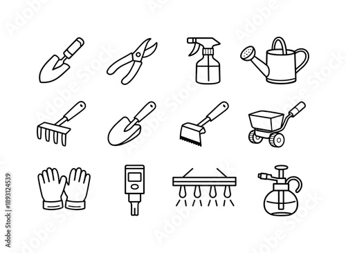 Urban Farming Tools. Urban farming. Line icon set of compact tools: hand trowel, pruning snips, spray bottle, watering can, small rake, soil scoop, mini hoe,