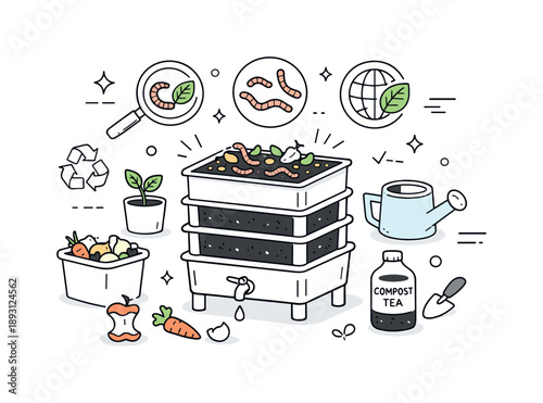 Eco-Friendly Composting Design. Advanced composting techniques. A worm composting setup with vermicompost trays, shown in a clean and approachable way. The