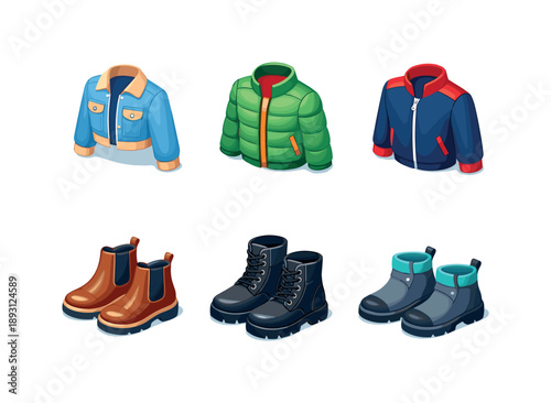 Isometric Jacket and Boots. Light jacket & boots set. Isometric flat vector icons set of light jacket & boots set: cropped jacket, lightweight quilted jacket,