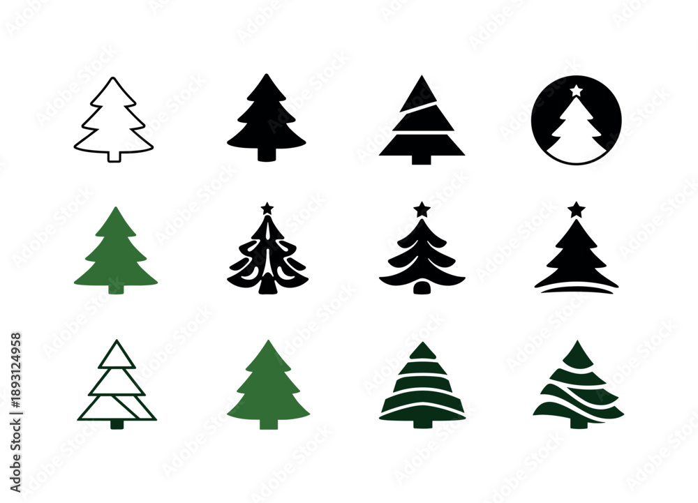 Obraz premium Christmas Icon Set. Christmas. Icon set. Set Logo of Christmas: Christmas tree silhouette. harmonious logo variations of the same emblematic concept, each with