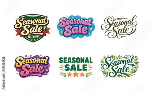 Seasonal Sales Lettering Grid. Seasonal sales marketing lettering. Set lettering. harmonious lettering variations of the same emblematic concept, each with